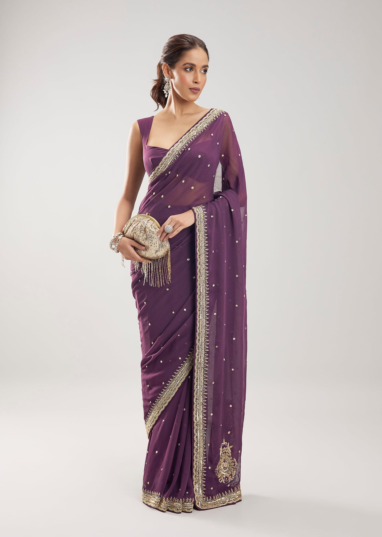 Burgundy Viscose Georgette Saree With Cut Dana And Sequin Embellished Border