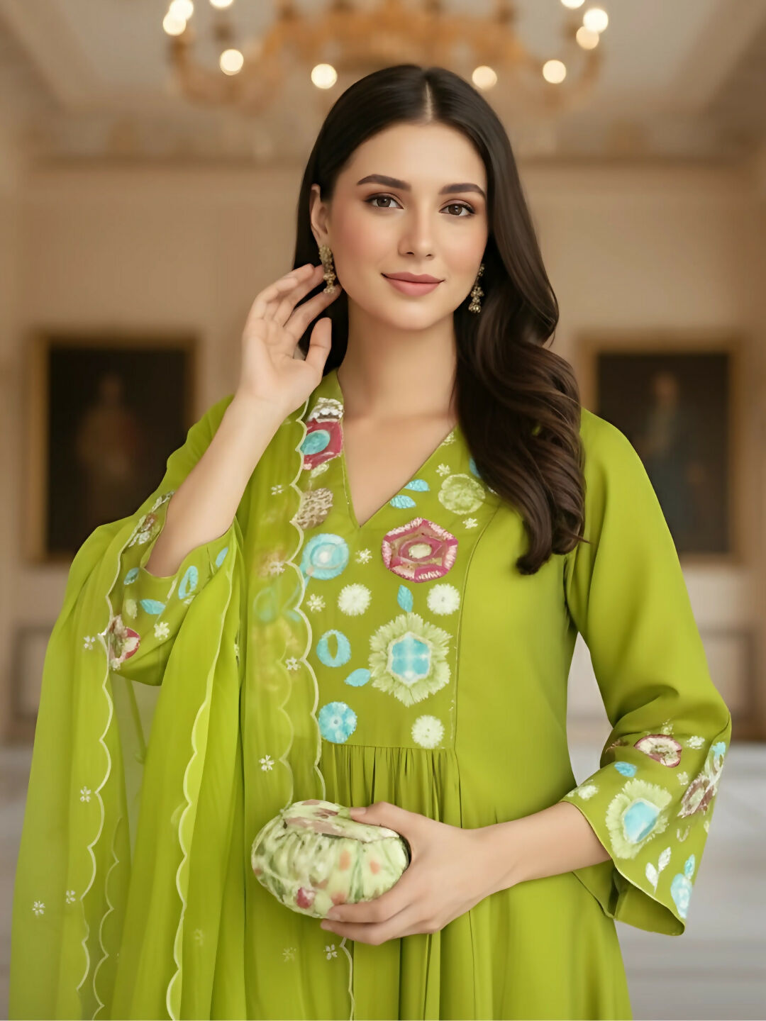 The52 Women's Beautiful Embroidery Work Viscose Silk Fabric Flared Kurta Pant and Dupatta Set-Liril