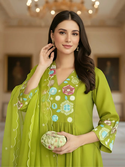 The52 Women's Beautiful Embroidery Work Viscose Silk Fabric Flared Kurta Pant and Dupatta Set-Liril