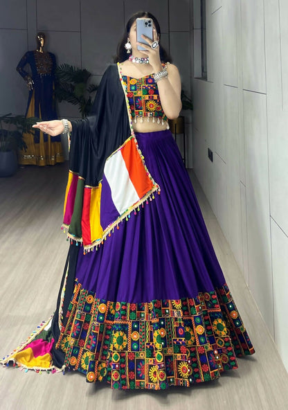 Yash Enterprise Purple Rayon Cotton Embroidery Semi Stitched Navratri Chaniya Choli