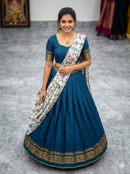 Teeya Creation Womens New Trendy Teal Blue Traditional Pleated Lehenga Choli Set with Floral Printed Dupatta and Contrast Zari Border Set