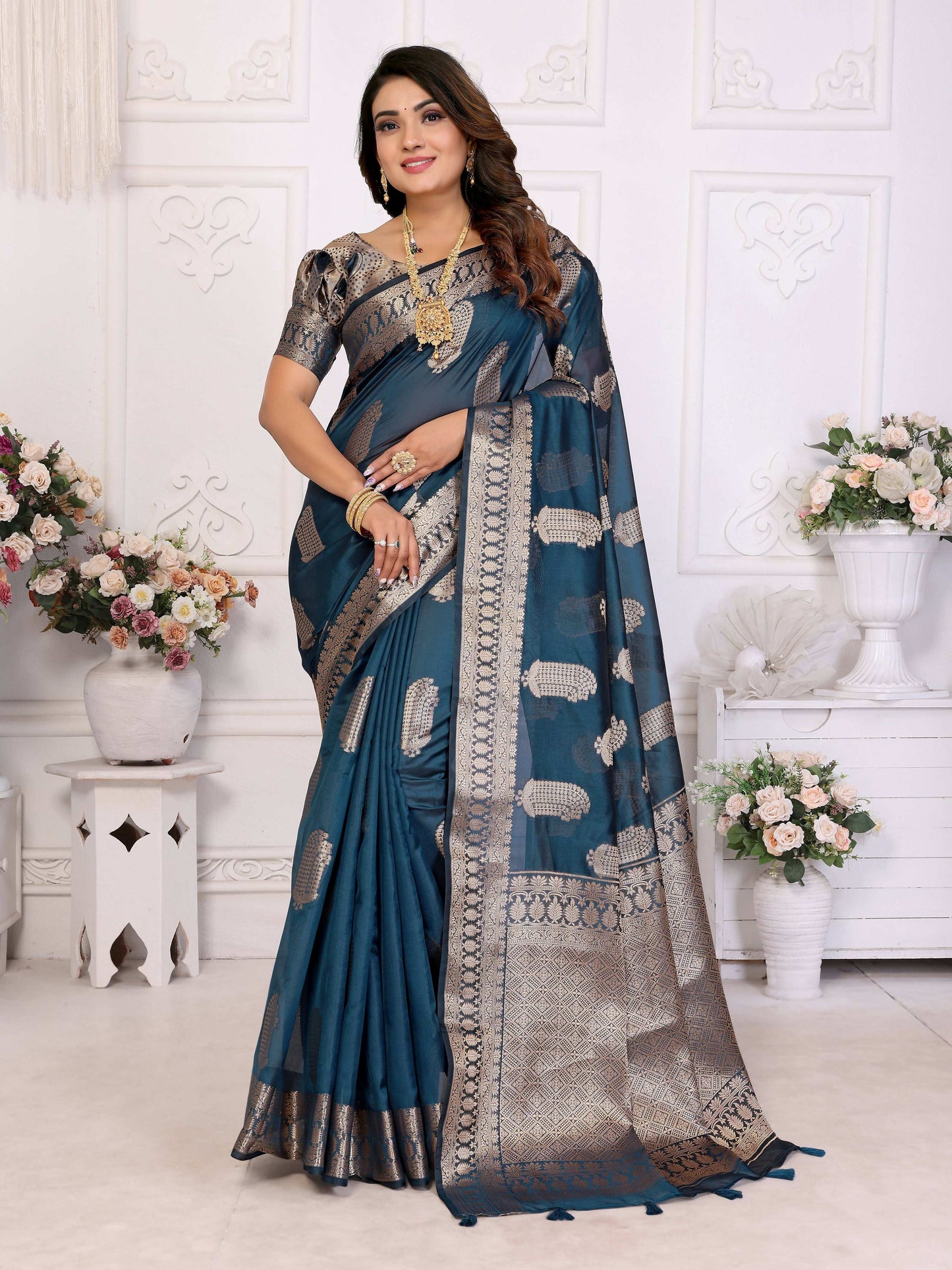 Aastha Fashion Teal Blue Soft Organza Silk Weaving Saree
