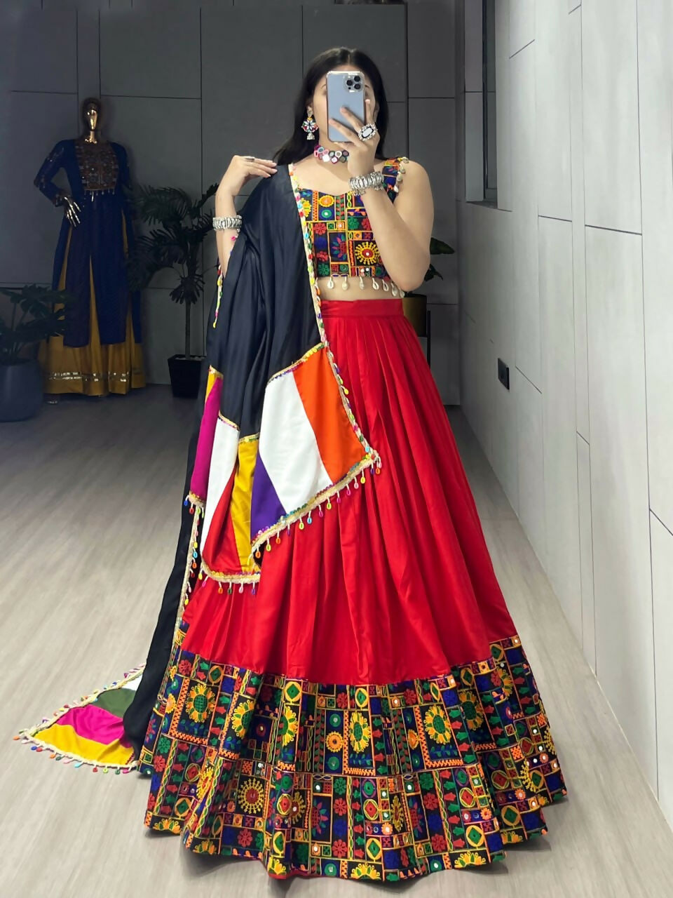 Yash Enterprise Red Rayon Cotton Embroidery Semi Stitched Navratri Chaniya Choli