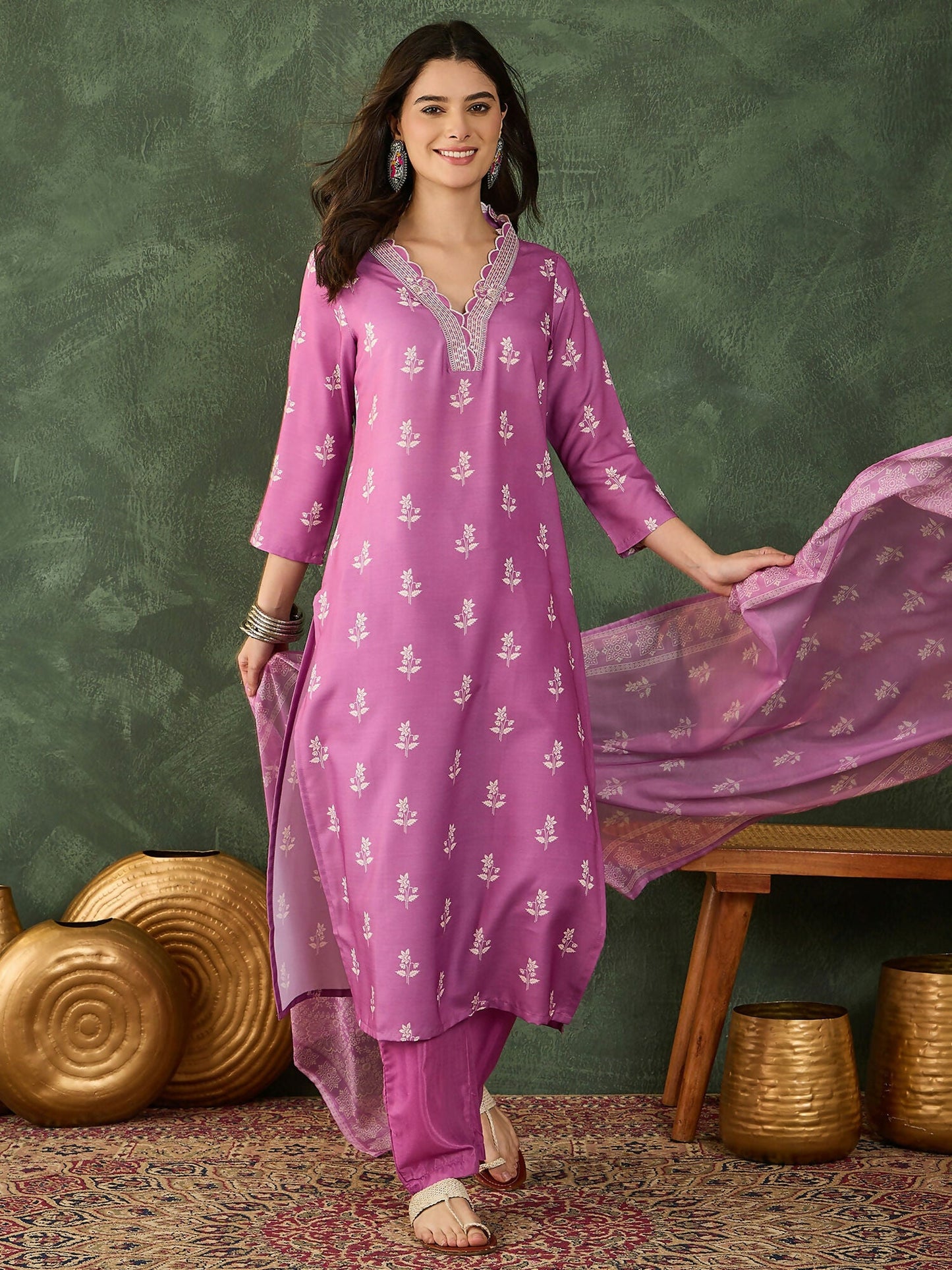 The52 Women's Gorgeous Rayon Fabric Printed Work Straight Kurta Pant and Dupatta Set-Onion