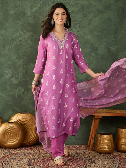 The52 Women's Gorgeous Rayon Fabric Printed Work Straight Kurta Pant and Dupatta Set-Onion