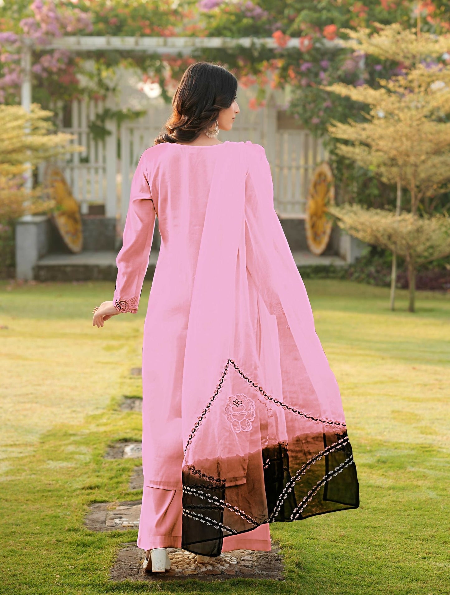 Nikhaar Light Pink Embroidered Art Silk Stitched Straight Cut Kurta Palazzo Dupatta Readymade Suit
