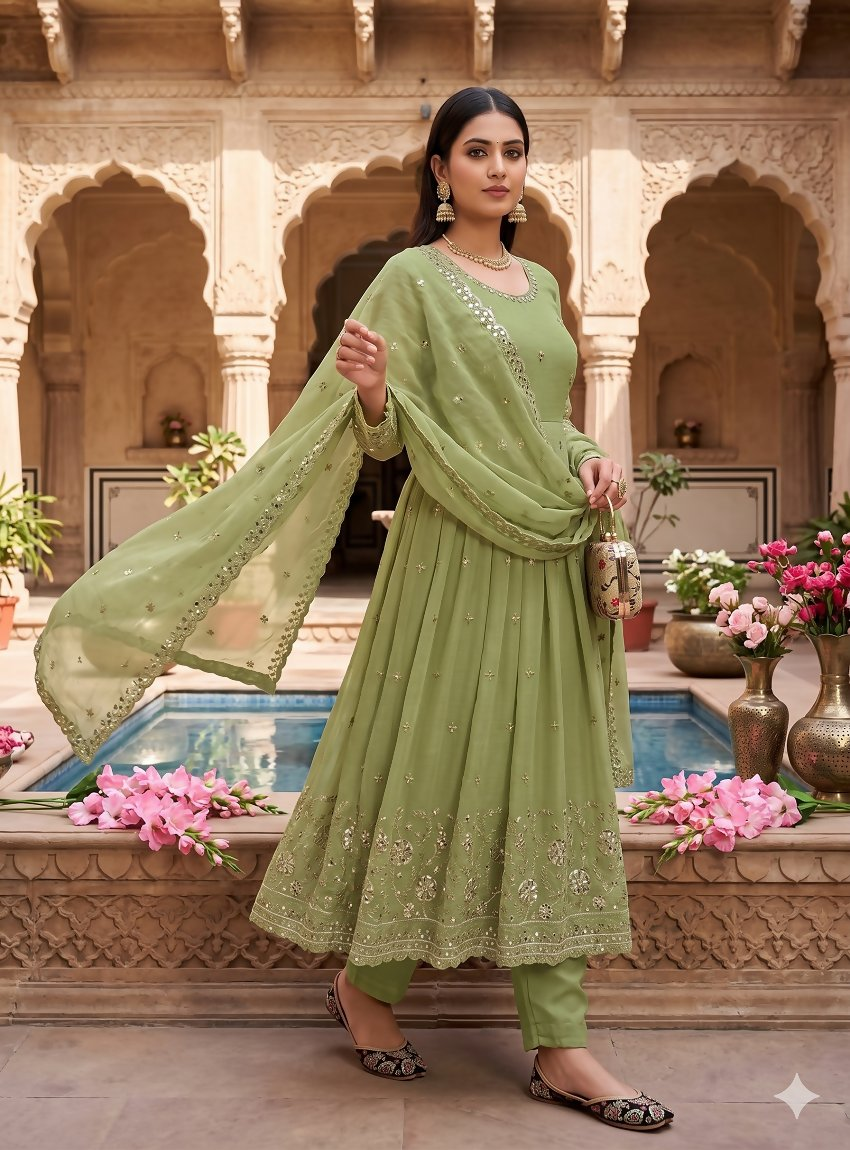 Teeya Creation Elegant Pista Green Embroidered Anarkali Kurta Set With Mirror Work Dupatta
