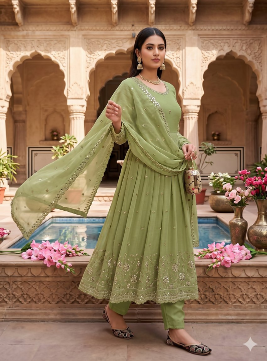 Teeya Creation Elegant Pista Green Embroidered Anarkali Kurta Set With Mirror Work Dupatta
