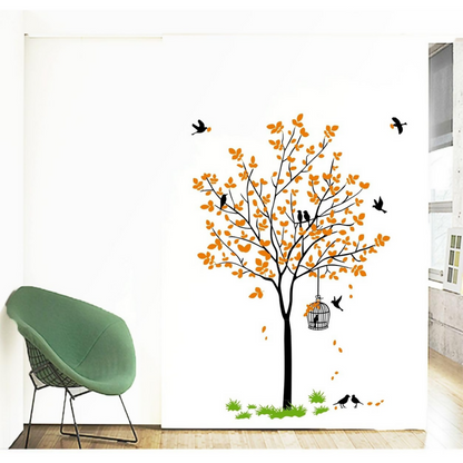 Decal O Decal Vinyl Orange Tree with Birds Cage and Nest Self Adhesive Wall Sticker