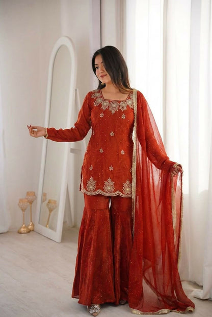 Teeya Creation Womens New Fancy Embroidery Sequence Work With Zarkan Diamond Work Orange Kurta Set