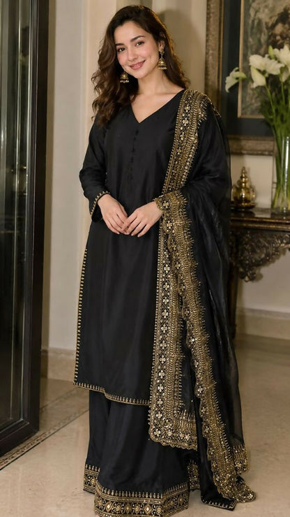 Teeya Creation New Latest Stylish Classic Black Festive Kurta Set with Gold Zari Border Palazzo and Dupatta