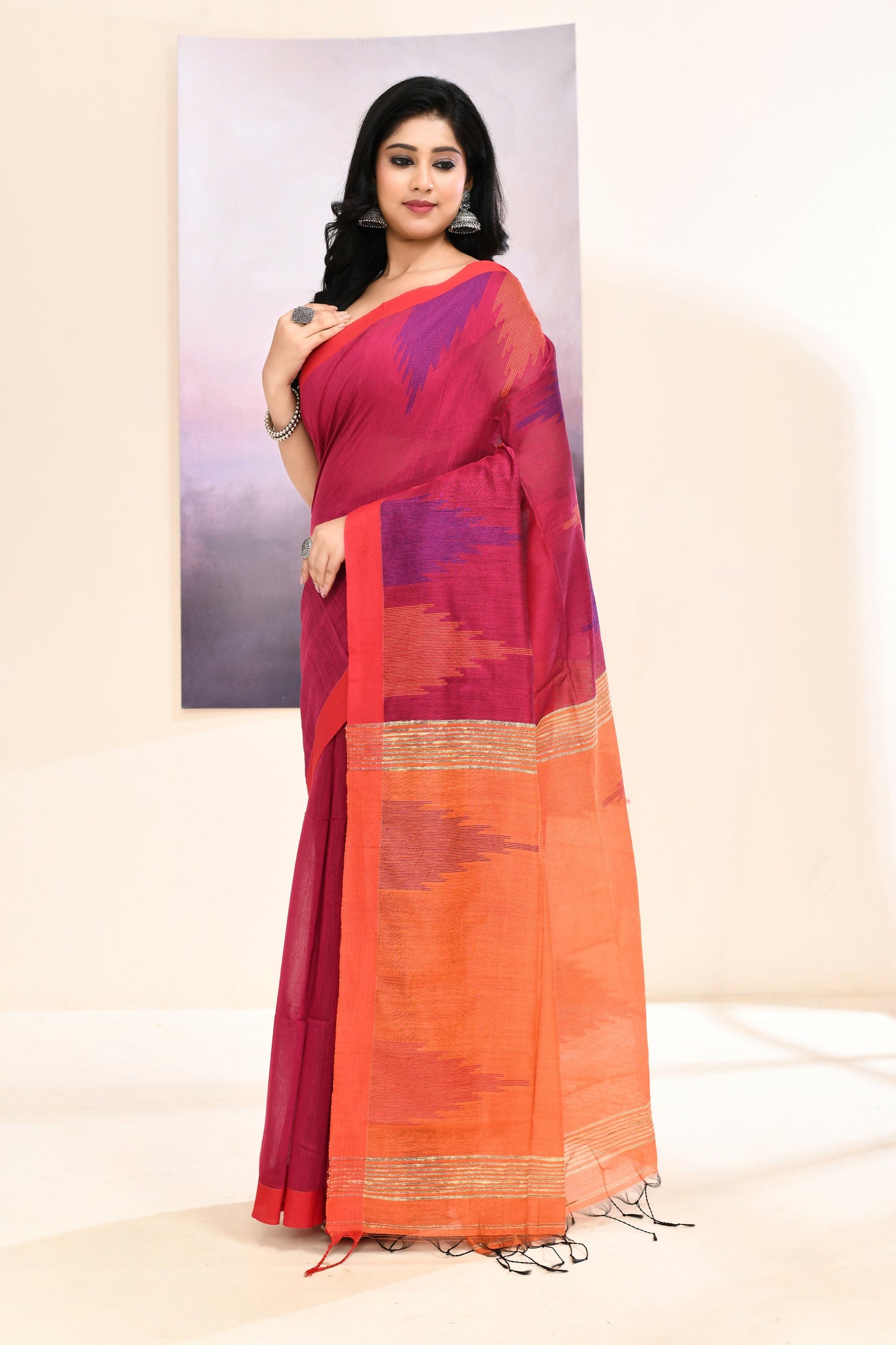Piyari Fashion Women's Rani Temple Border Embellished Cotton Blend Jamdani Saree
