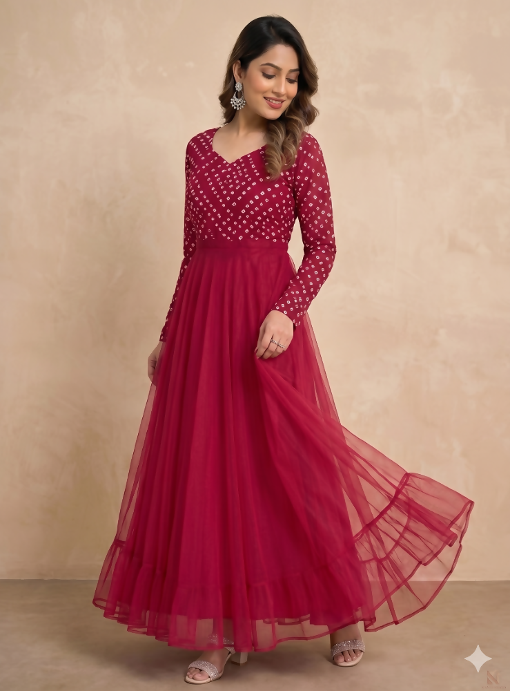 Teeya Creation Women's Pink Bandhani Print Anarkali Gown