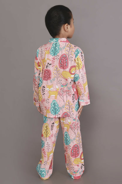 Breathables Kids Cotton Night Suit  Peach Lion & Teddy Shirt & Pyjama Co-Ord Set For Boys & Girls