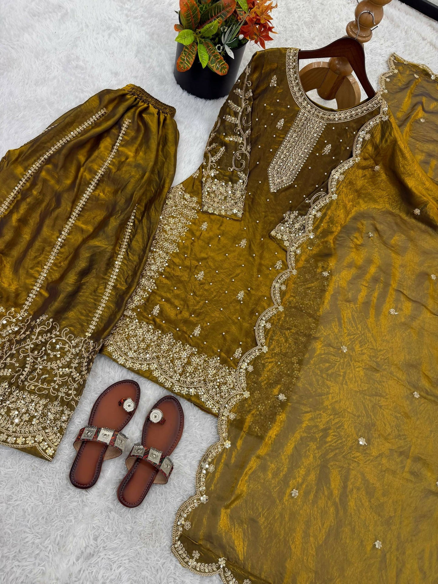 Teeya Creation Womens New Trendy Embroidery Coding And Sequence Work Gold Kurta Set