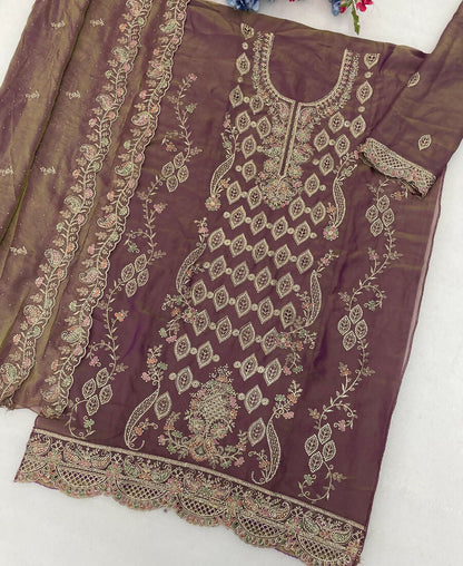 KC Heavy Embroidery Worked Two Ton Moss Silk Purple Suit For Women