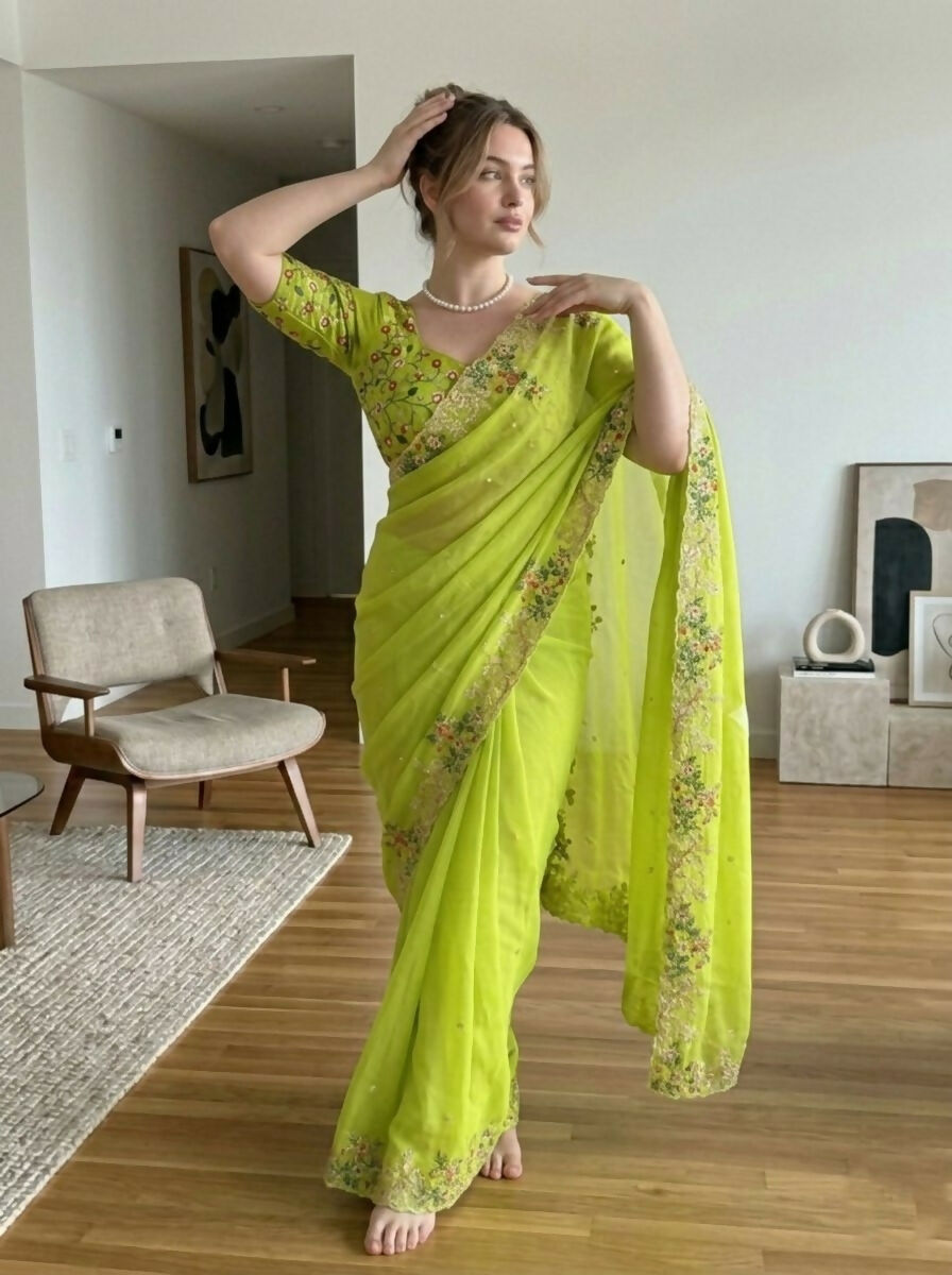Teeya Creation New Stylish Trendy Party Wear Saree-Dark_Parrot_Green