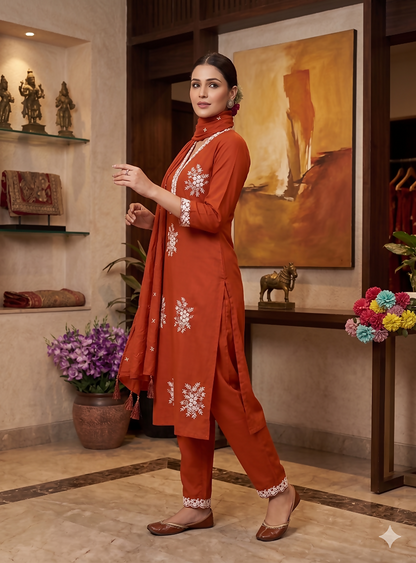 Teeya Creation Vibrant Orange Embroidered Kurti with Pant and Dupatta Set