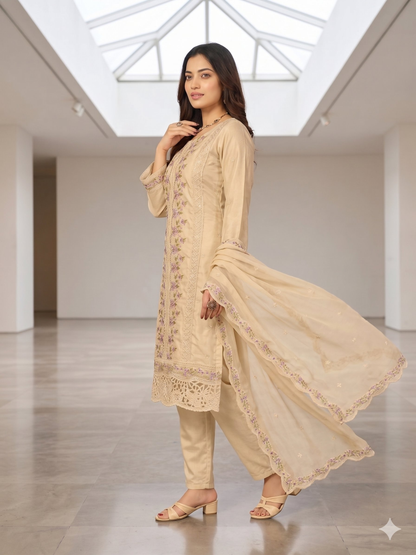 Teeya Creation Womens New Trendy Silk With Heavy Embroiedery With Sequence Work Beige Kurta Set