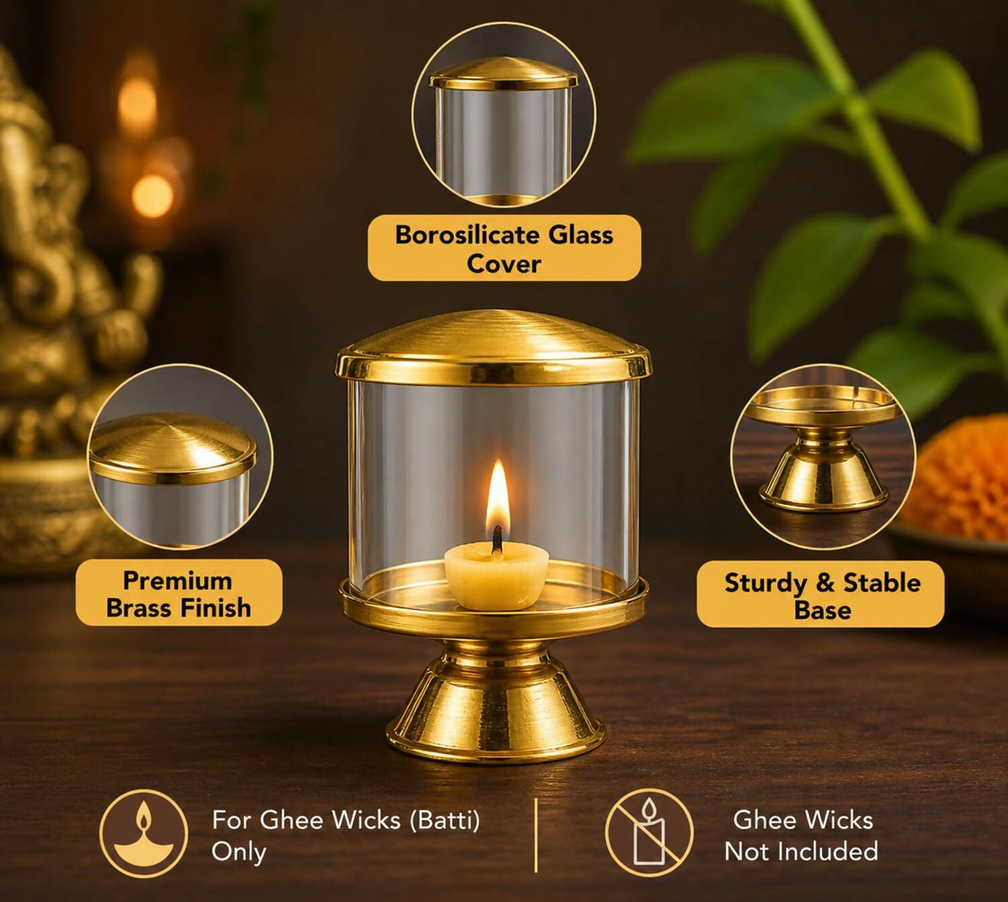 Not Available Pure Brass Ghee Diya for Puja with Glass Cover