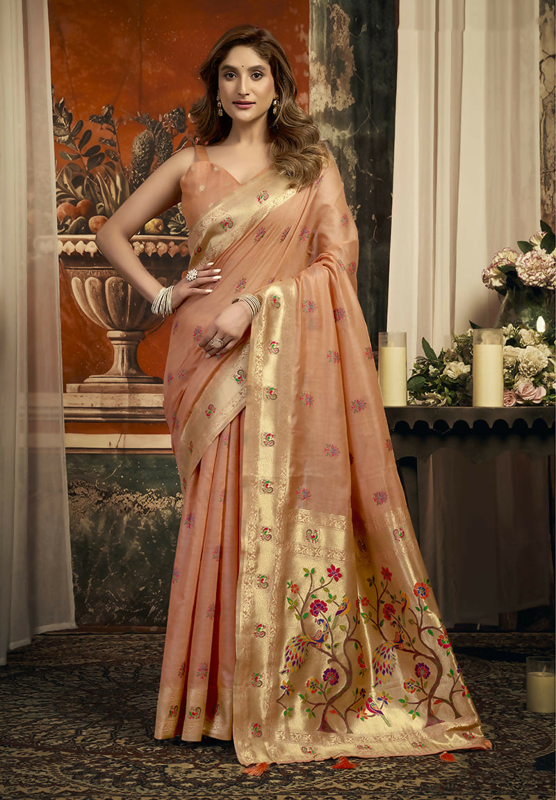 Monjolika Fashion Peach Kota Silk Blend Paithani Saree with Meenakari Floral Bootis