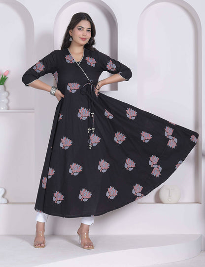 Miravan Womens Cotton Floral Print Anarkali Kurta-Black