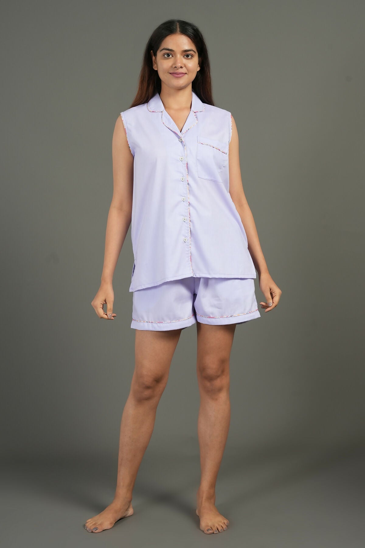 Breathables Women Cotton Night Suit Shirt And Shorts Co-Ord Set Notched Collar Lavender I Nightwear | Co-Ord Set | Lounge Wear Set I Solid Print
