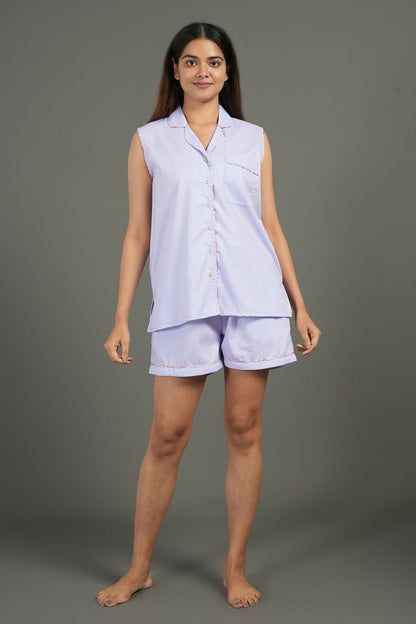 Breathables Women Cotton Night Suit Shirt And Shorts Co-Ord Set Notched Collar Lavender I Nightwear | Co-Ord Set | Lounge Wear Set I Solid Print