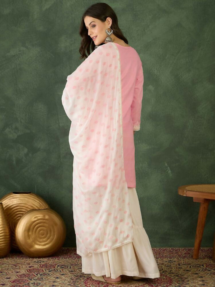 The52 Women's Gorgeous Embroidery Work Cotton Satin Fabric Straight Kurta Sharara and Dupatta Set