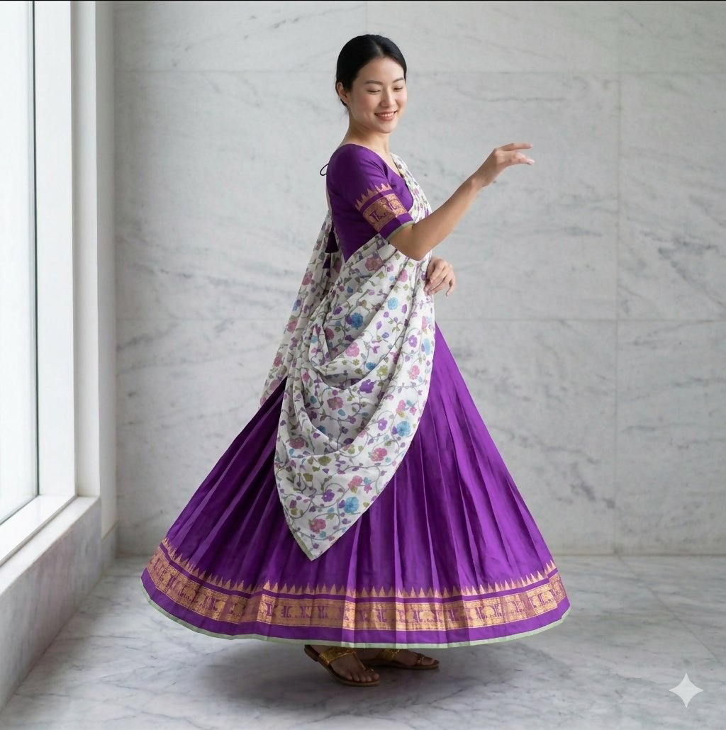 Teeya Creation Womens New Trendy Purple Traditional Pleated Lehenga Choli Set with Floral Printed Dupatta and Contrast Zari Border Set
