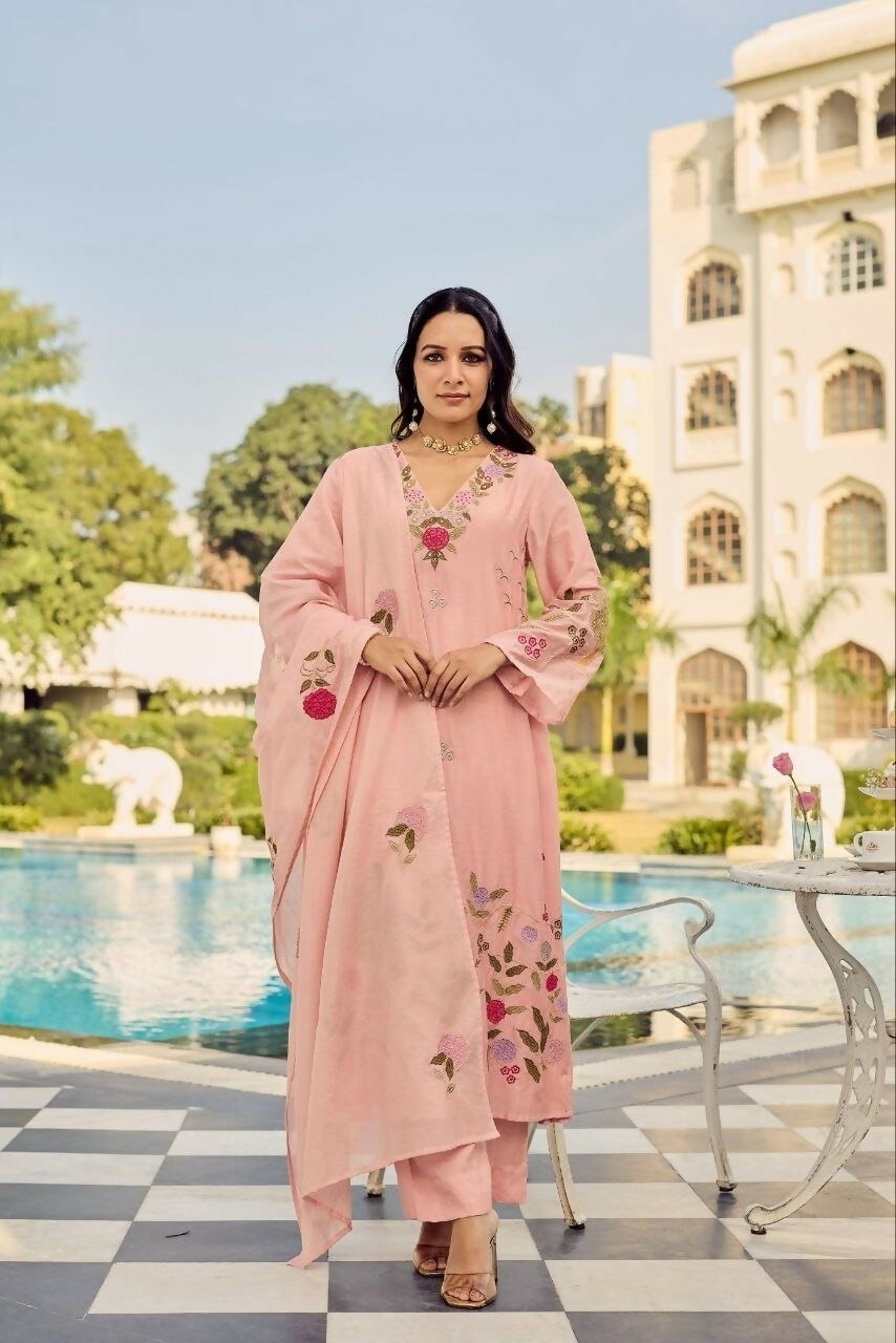 Teeya Creation Premium Peach Chanderi Silk Floral Embroidered Straight Kurta Pant Set With Dupatta For Women