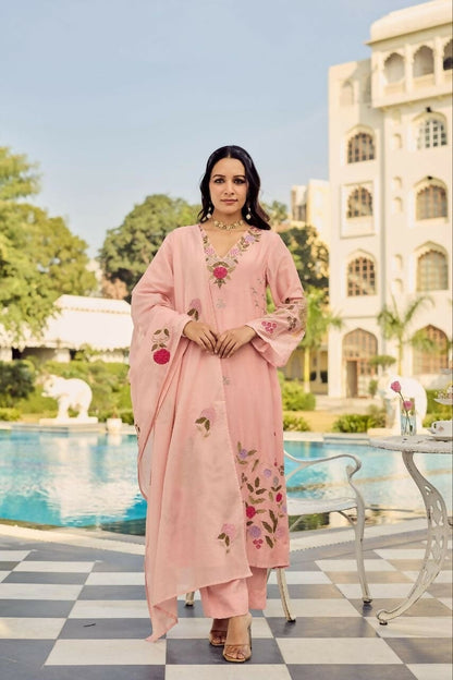 Teeya Creation Premium Peach Chanderi Silk Floral Embroidered Straight Kurta Pant Set With Dupatta For Women