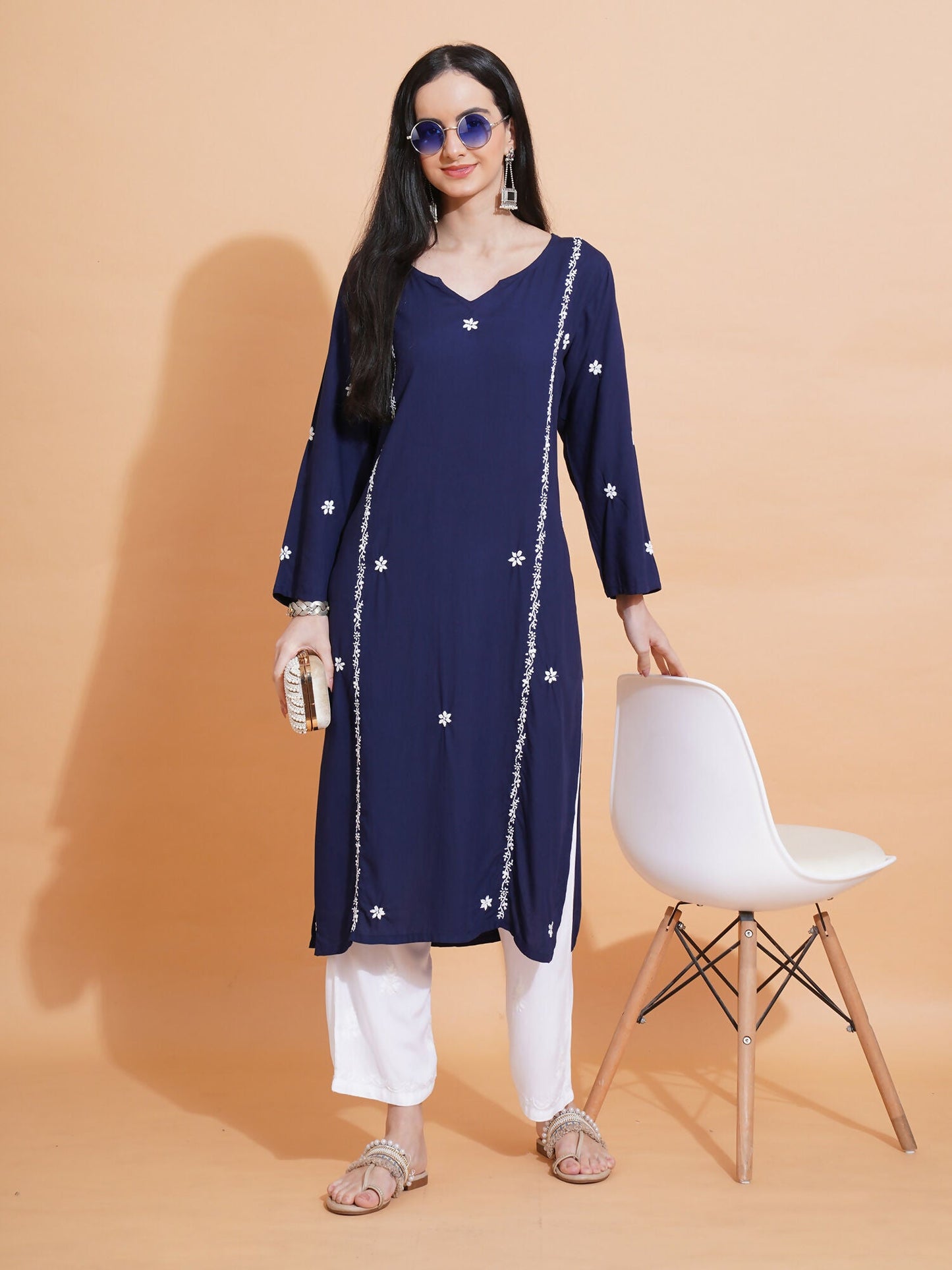 Pahnaz Luxury Rayon Chikankari Long Kurti-Blue