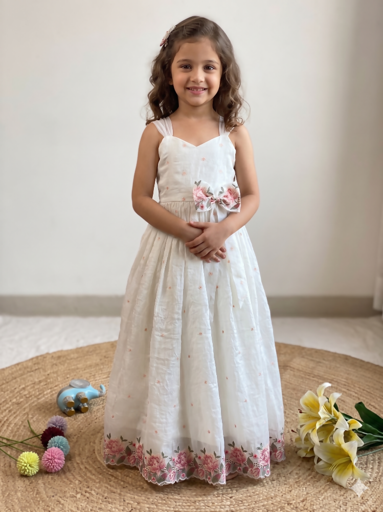 Teeya Creation New Latest Girls Sage Green Crinkled Silk Festive Gown with Handcrafted Bow and Lotus Cutwork Border