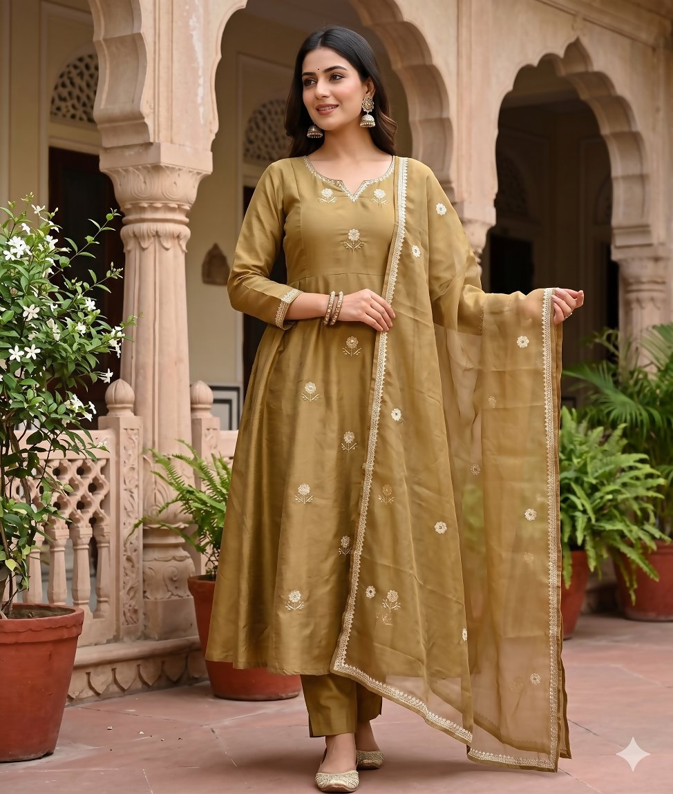 Teeya Creation Festive Gold-Olive Green Anarkali Kurta Pant Set For Women