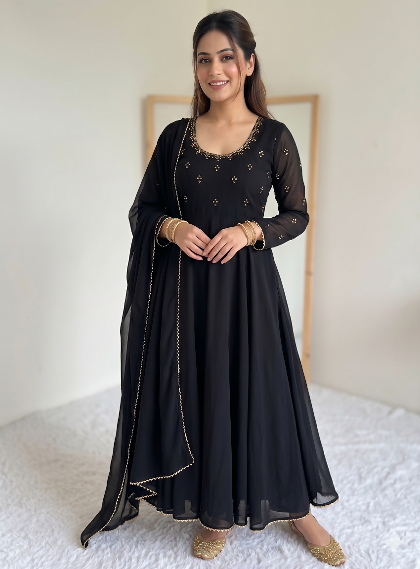Teeya Creation New Party Wear Look Gerorrget Gown With Pant Dupatta Set - Black