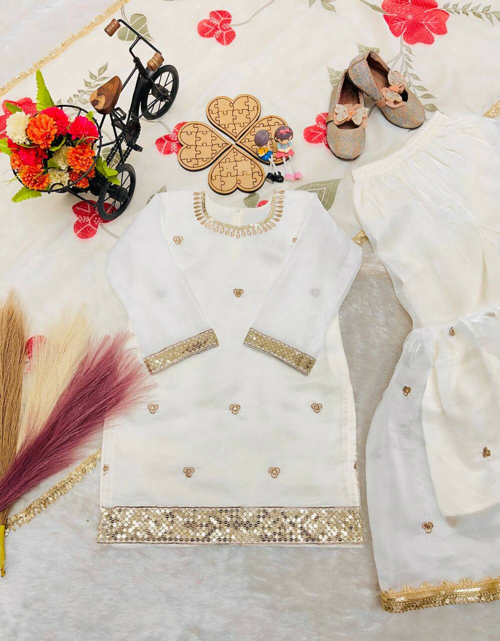 Teeya Creation New Kids Trendy Wedding Wear Traditional Kurta Sharara Set-White