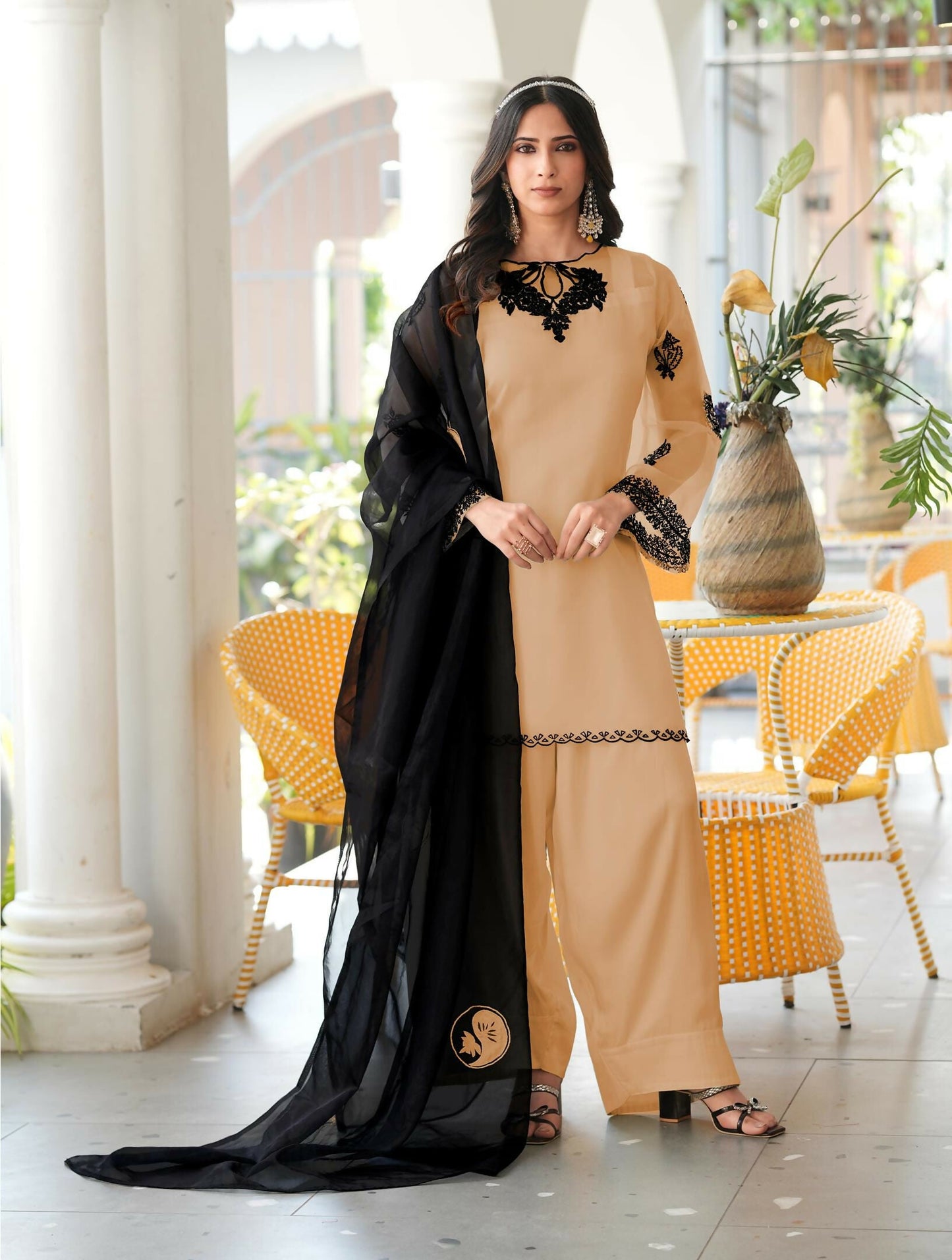Nikhaar Light Brown Embroidered Organza Stitched Straight Cut Kurta Farshi Salwar Dupatta Readymade Suit