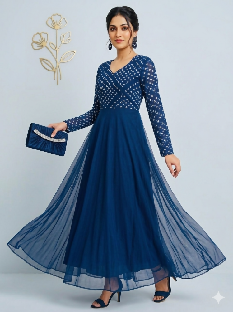 Teeya Creation Women's Teal Bandhani Print Anarkali Gown