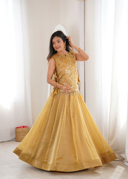 Lorenvalley Fashion Yellow Salsa Crush Plain Lehenga Choli with Koti