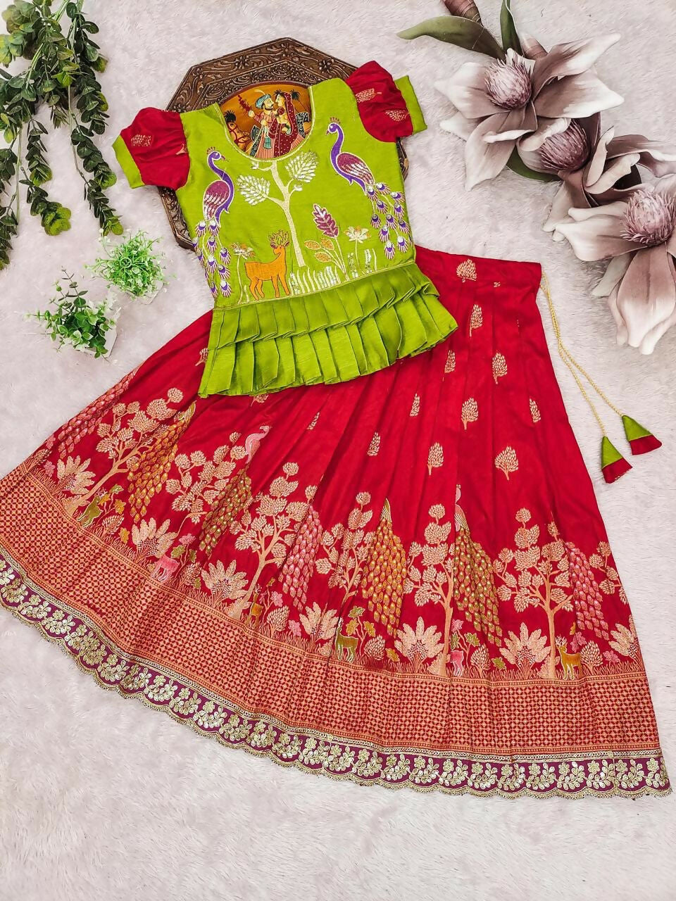 Teeya Creation New Kids Red Color Little Deer Forest Fantasy Lehenga Choli Set -Green