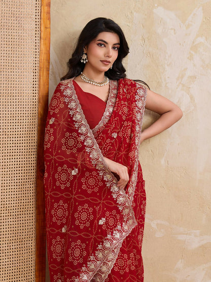 Teeya Creation New Trendy Leheriya Bandhani Georgette Saree For Daily Wear -Red