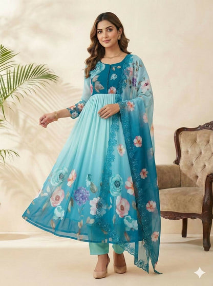 Teeya Creation Womens New Fancy Silk Heavy Quality Fabric With Handwork Sky-Blue Gown Set