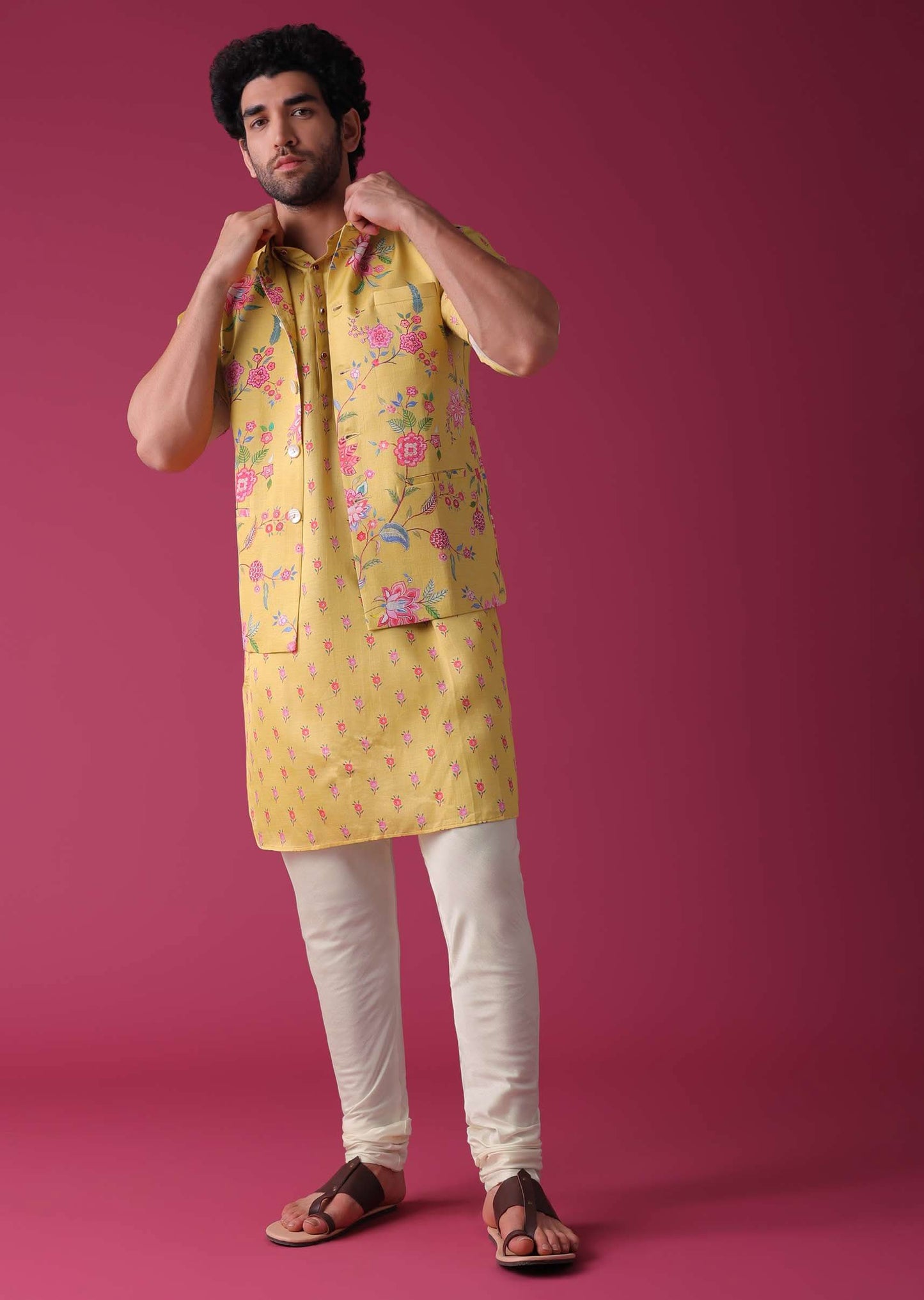 Canary Yellow Jacket Kurta Set In Silk With Floral Print