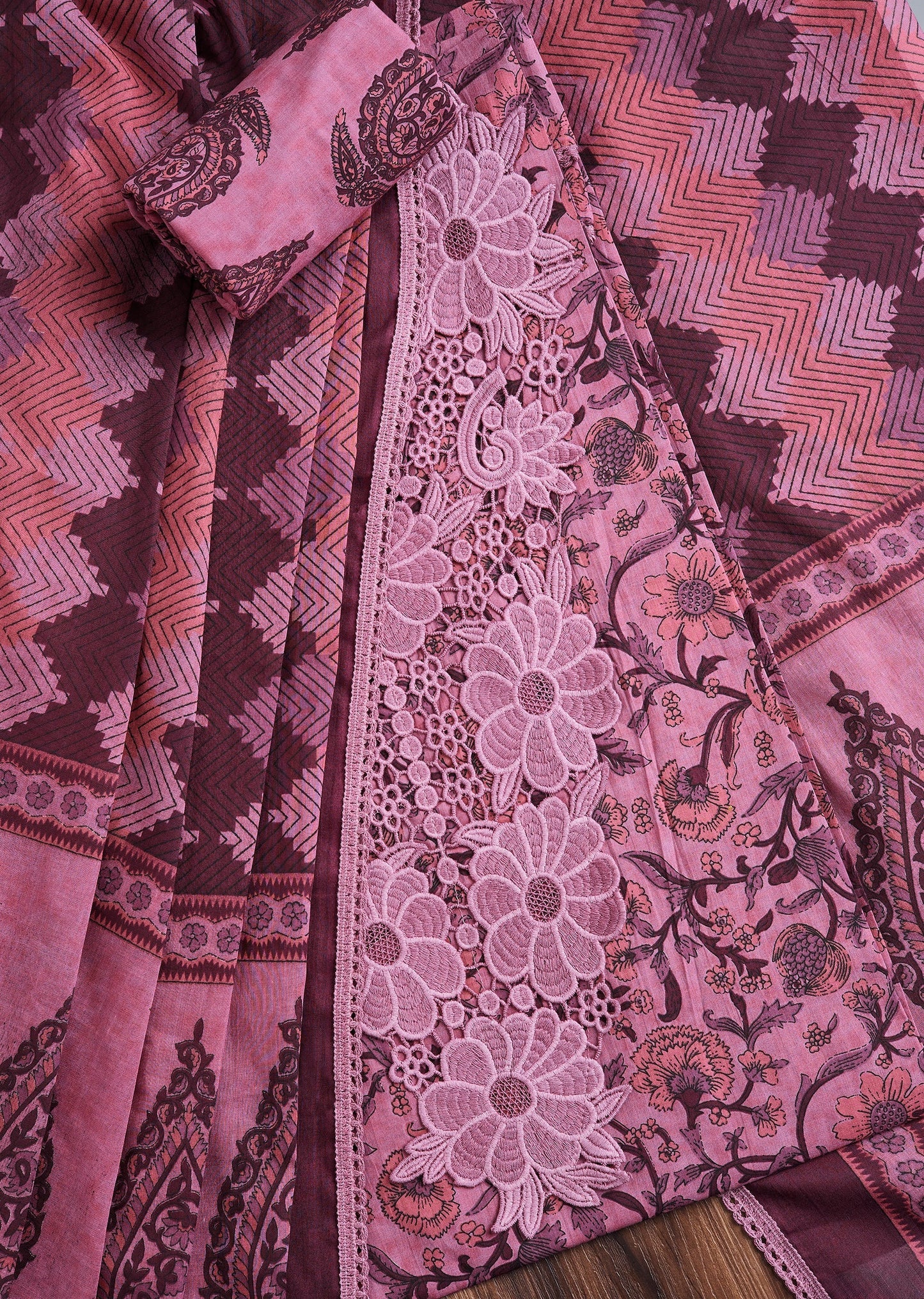 Candy Pink Cotton Printed Unstitched Suit Set