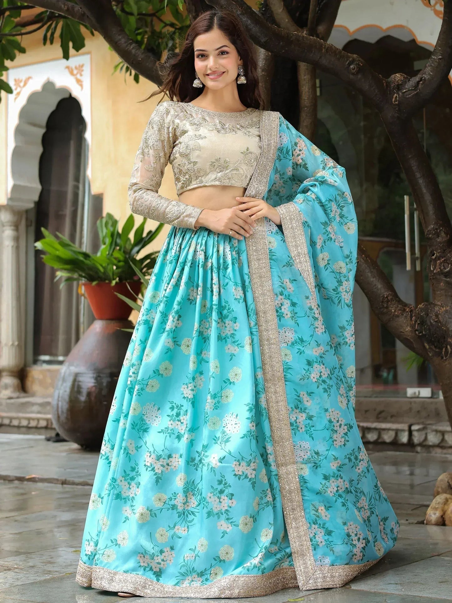 Tulsi Art Captivating Sky Blue Floral Print Organza Function Wear Lehenga Choli