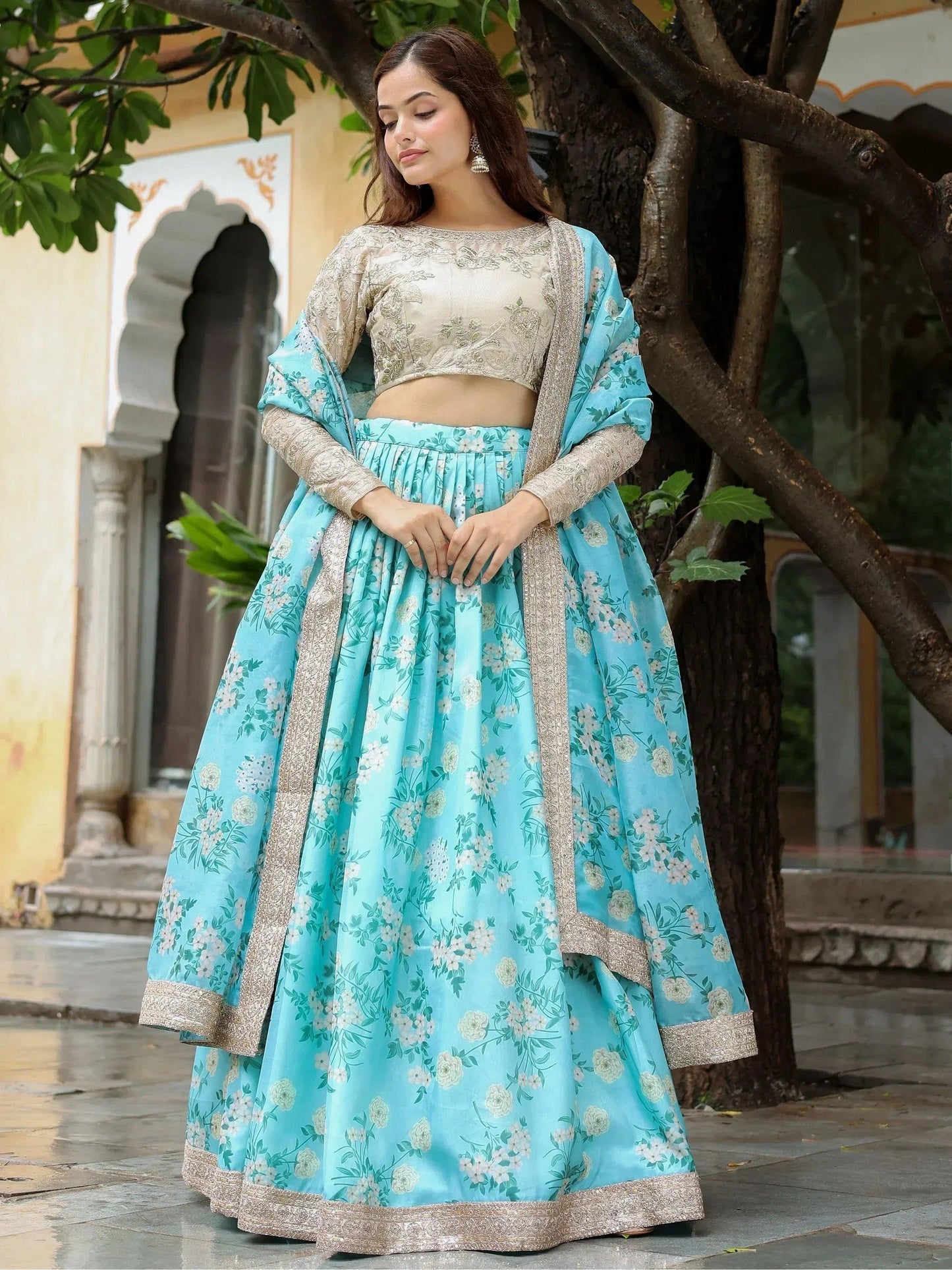 Tulsi Art Captivating Sky Blue Floral Print Organza Function Wear Lehenga Choli