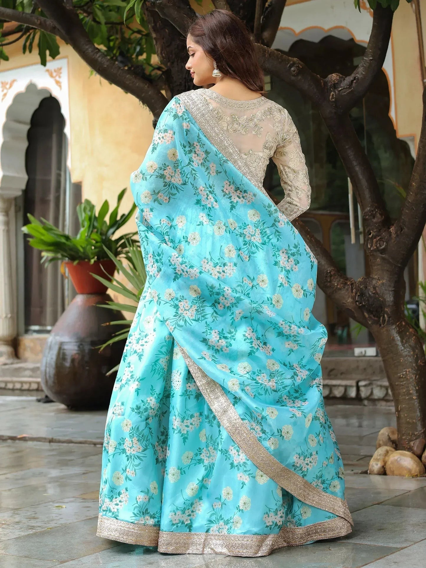 Tulsi Art Captivating Sky Blue Floral Print Organza Function Wear Lehenga Choli