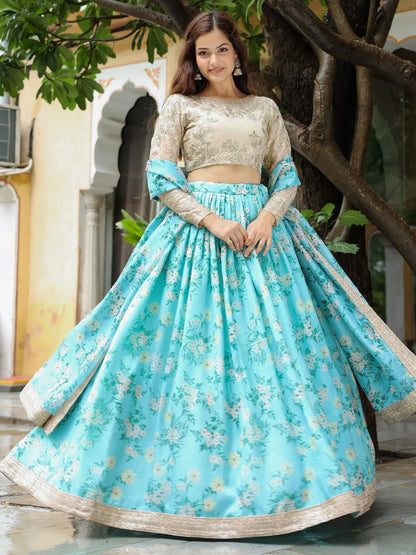 Tulsi Art Captivating Sky Blue Floral Print Organza Function Wear Lehenga Choli