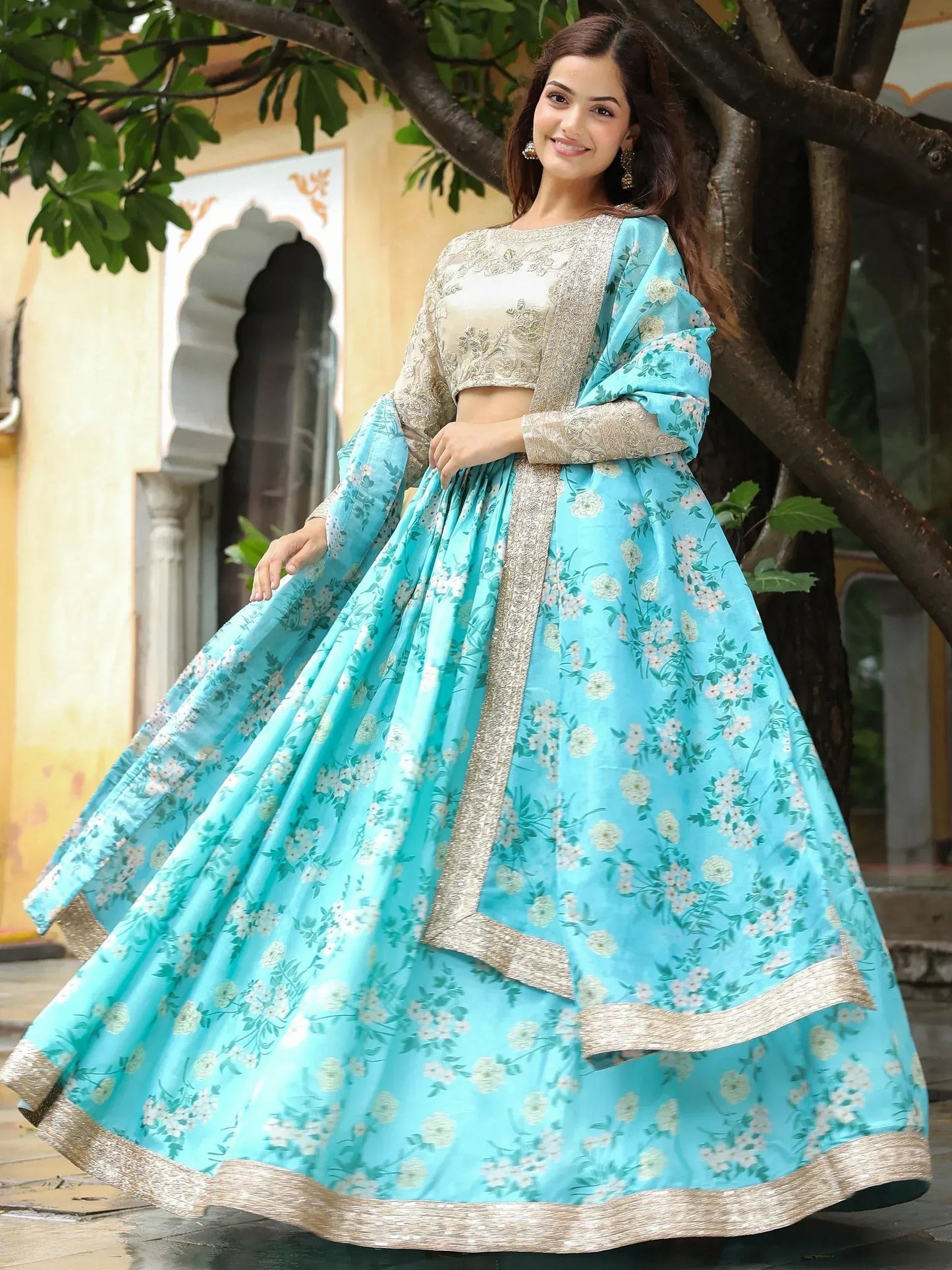 Tulsi Art Captivating Sky Blue Floral Print Organza Function Wear Lehenga Choli